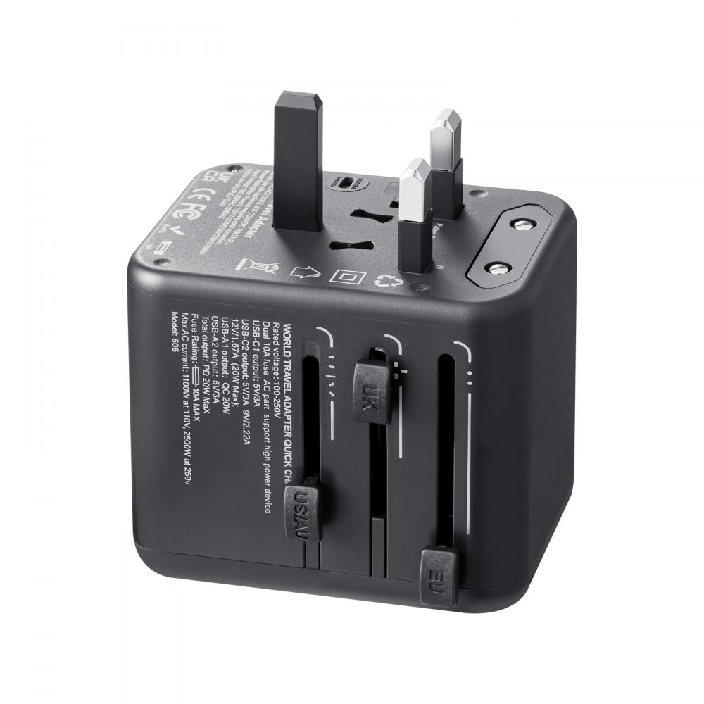 VEVOR Universal Travel Adapter, 5-in-1, International European Power Adapter with 2 USB-C, 2 USB-A Ports, 1 AC Outlet, 4 Different Plugs, Worldwide Plug Adaptor Wall Charger, for Europe UK EU AUS USA
