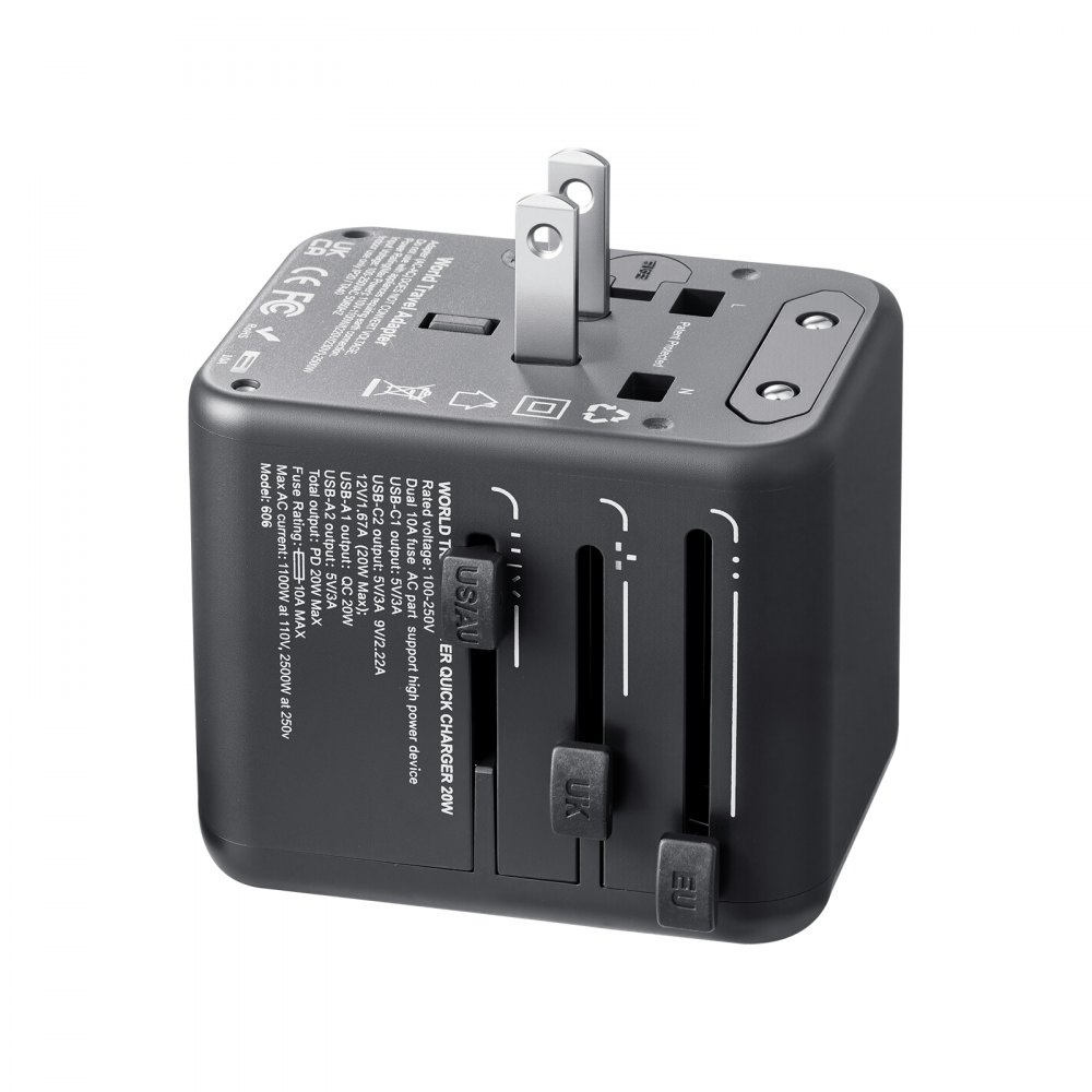 VEVOR Universal Travel Adapter, 5-in-1, International European Power Adapter with 2 USB-C, 2 USB-A Ports, 1 AC Outlet, 4 Different Plugs, Worldwide Plug Adaptor Wall Charger, for Europe UK EU AUS USA