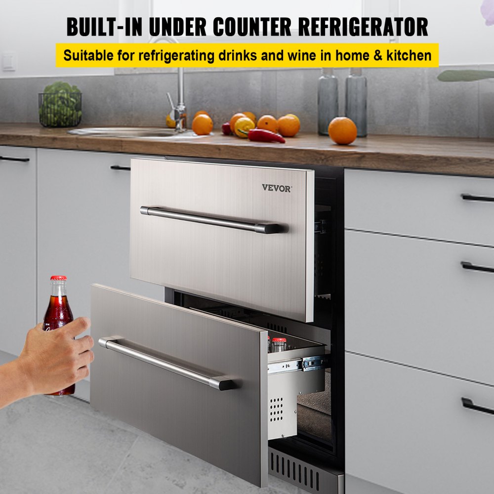 VEVOR Under counter Refrigerator Built-in Double Drawer Refrigerator 24" SUS