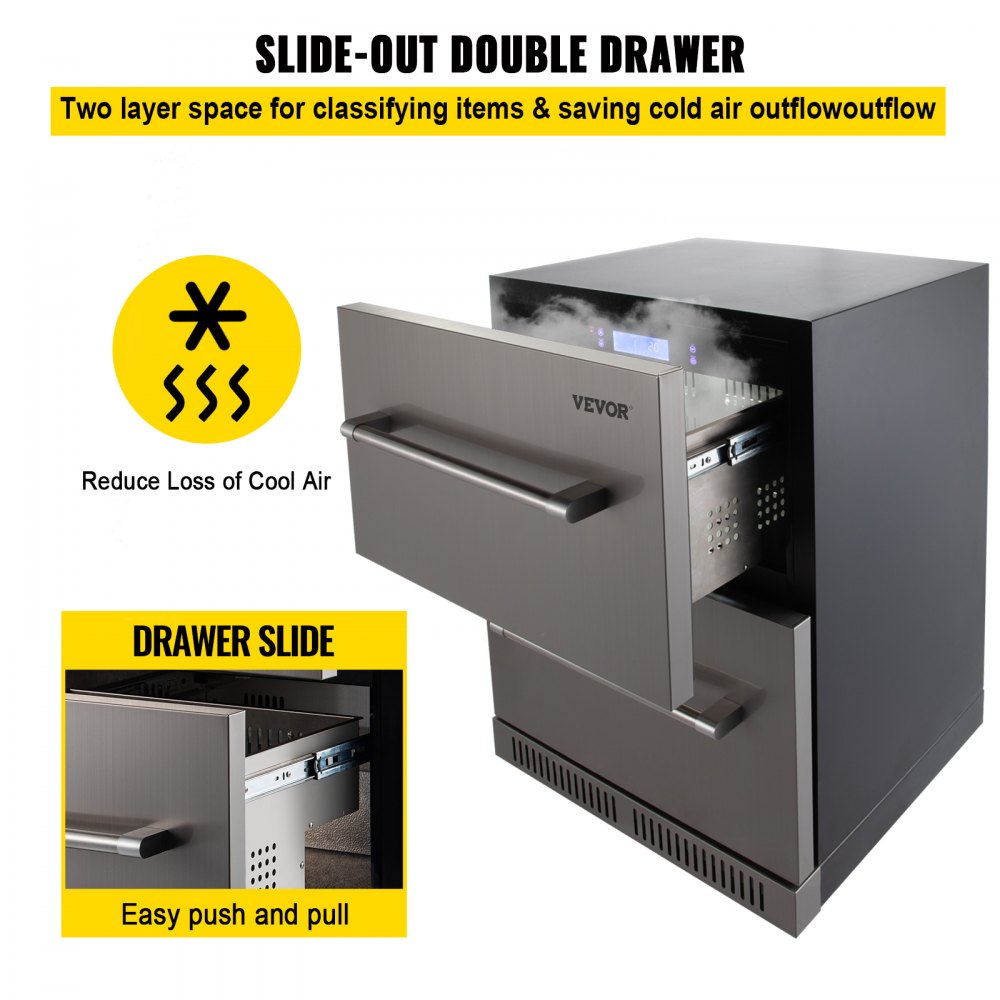VEVOR Under counter Refrigerator Built-in Double Drawer Refrigerator 24" SUS