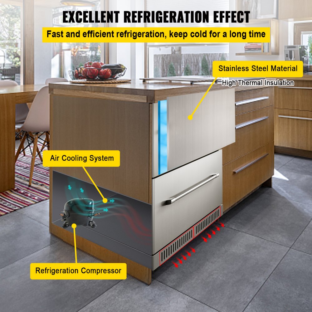 VEVOR Under counter Refrigerator Built-in Double Drawer Refrigerator 24" SUS