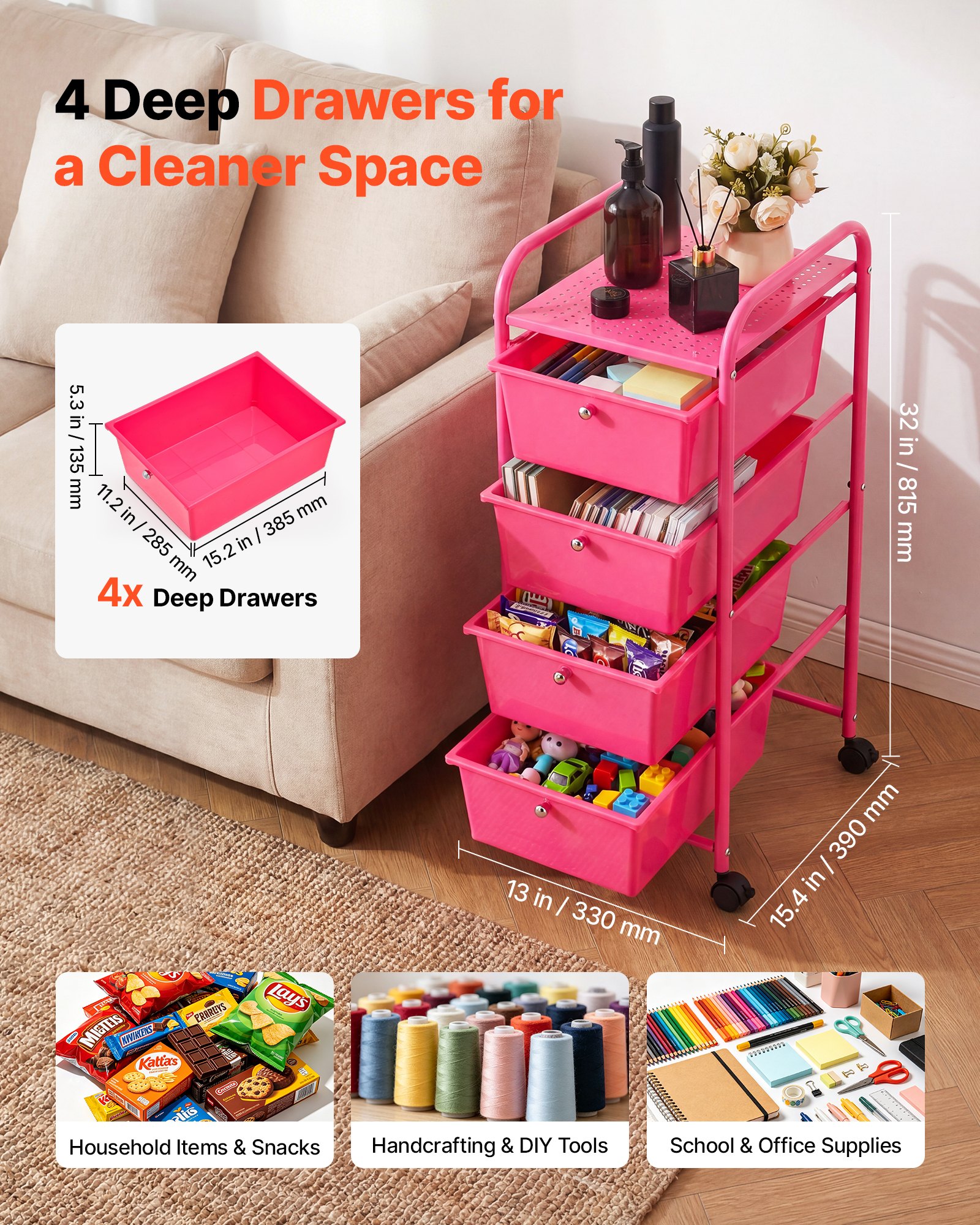 VEVOR Rolling Cart with Drawers, 4 Drawer Storage Organizer, Mobile Utility Cart with Steel Frame, Universal Casters & 2 Brakes, for Office, Classroom, Craft Tools, Garage, Cleaning Supplies, Rose Red