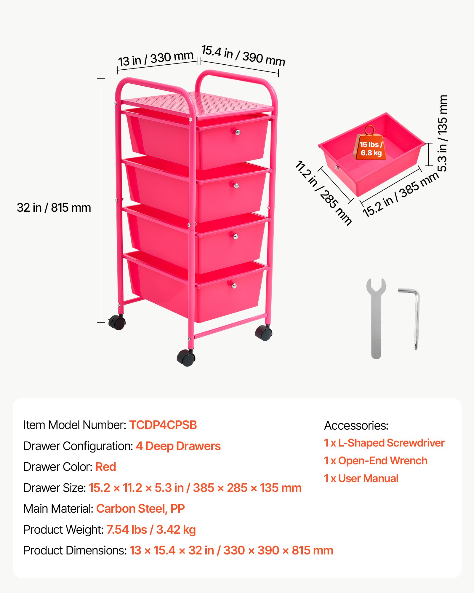 VEVOR Rolling Cart with Drawers, 4 Drawer Storage Organizer, Mobile Utility Cart with Steel Frame, Universal Casters & 2 Brakes, for Office, Classroom, Craft Tools, Garage, Cleaning Supplies, Rose Red