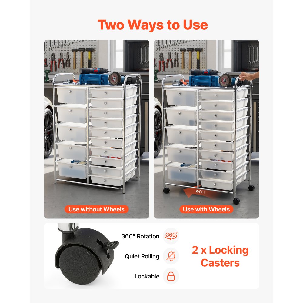 VEVOR Rolling Cart with Drawers, Double Row 15 Drawer Storage Organizer, Mobile Utility Cart with Chrome Steel Frame, Universal Casters & 2 Brakes, for Office, Classroom, Craft Room, Studio, Garage