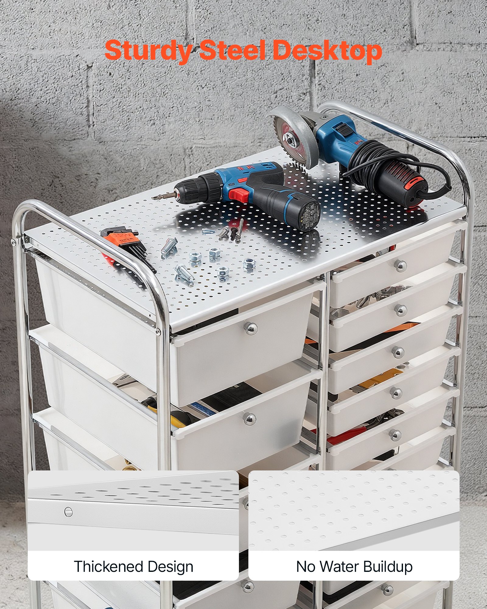 VEVOR Rolling Cart with Drawers, Double Row 15 Drawer Storage Organizer, Mobile Utility Cart with Chrome Steel Frame, Universal Casters & 2 Brakes, for Office, Classroom, Craft Room, Studio, Garage