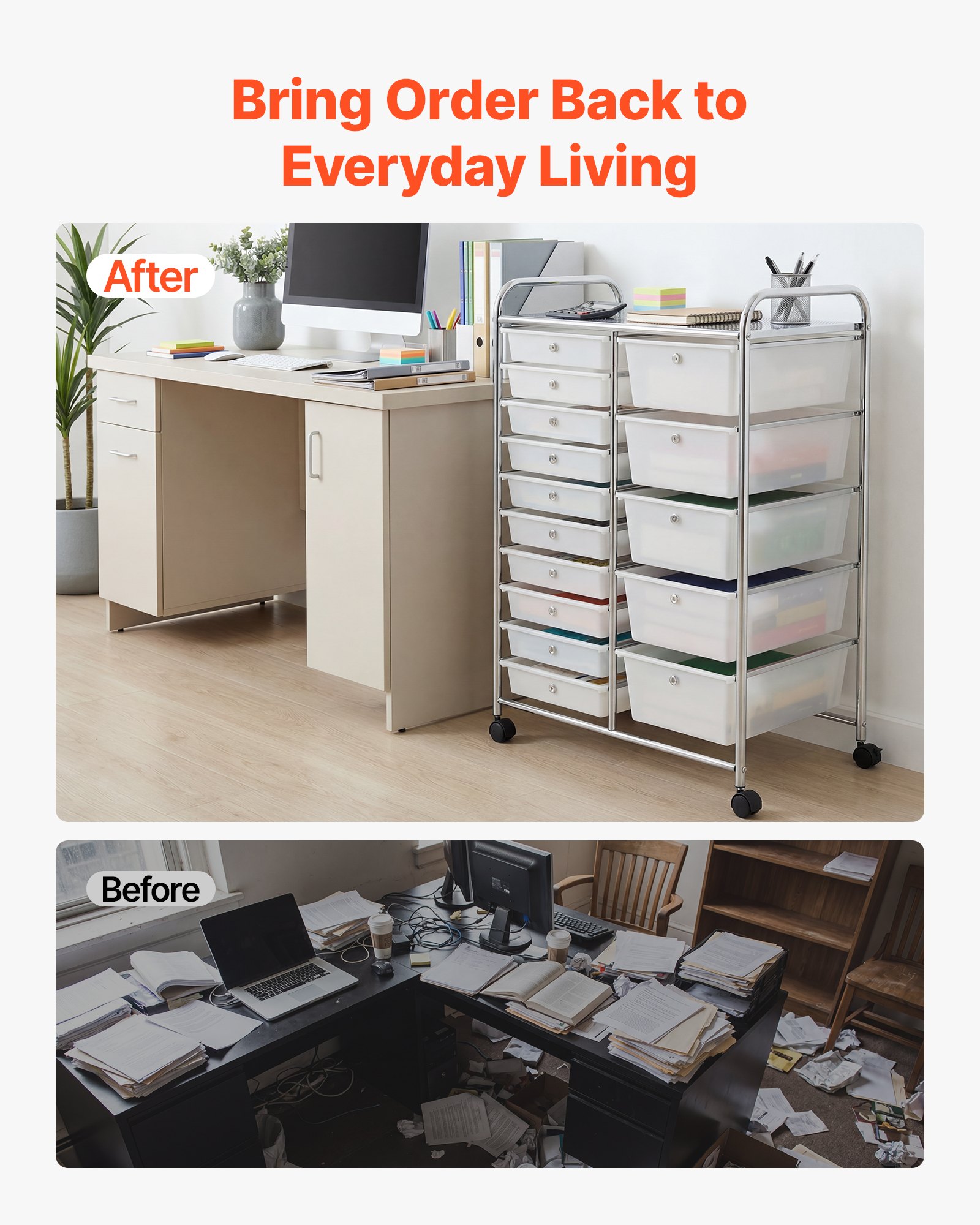 VEVOR Rolling Cart with Drawers, Double Row 15 Drawer Storage Organizer, Mobile Utility Cart with Chrome Steel Frame, Universal Casters & 2 Brakes, for Office, Classroom, Craft Room, Studio, Garage
