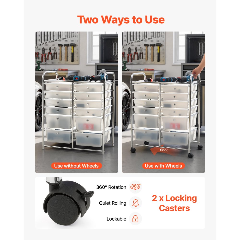 VEVOR Rolling Cart with Drawers, Double Row 12 Drawer Storage Organizer, Mobile Utility Cart with Chrome Steel Frame, Universal Casters & 2 Brakes, for Office, Classroom, Craft Room, Studio, Garage