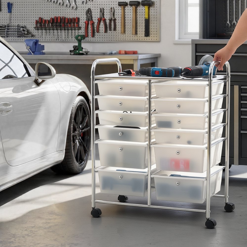 VEVOR Rolling Cart with Drawers, Double Row 12 Drawer Storage Organizer, Mobile Utility Cart with Chrome Steel Frame, Universal Casters & 2 Brakes, for Office, Classroom, Craft Room, Studio, Garage