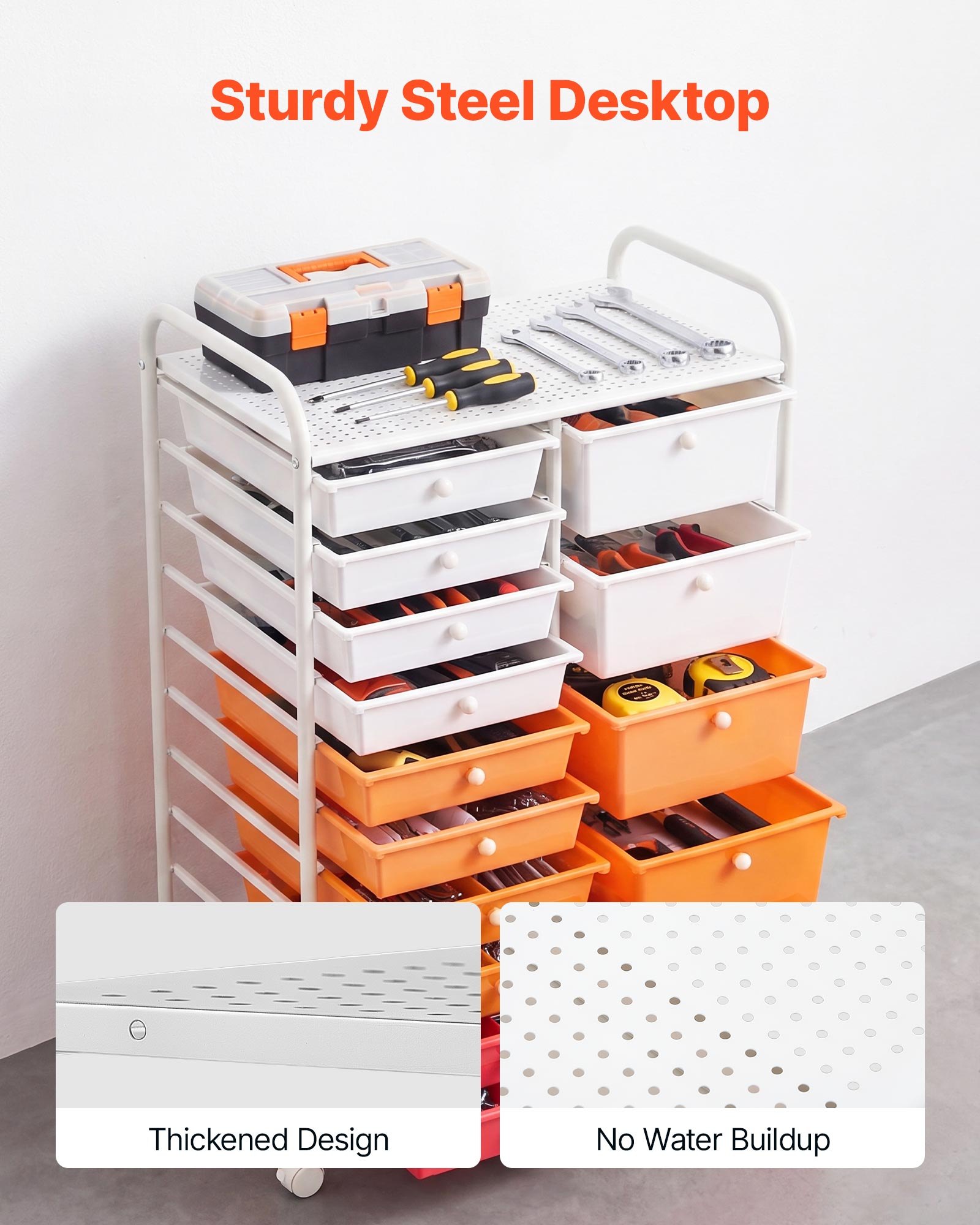 VEVOR Rolling Cart with Drawers, Double Row 15 Drawer Storage Organizer, Mobile Utility Cart, Steel Frame, Universal Casters & 2 Brakes, for Office, Classroom, Craft Room, Studio, Garage, Gradient Red