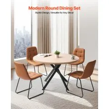 VEVOR 5-Piece Dining Table Set, Space-Saving Round Kitchen Table with 4 Upholstered Orange Chairs, PU Leather Cushions, Modern Wood-Tone Desk with Adjustable Foot Pads for Dining Room, Small Spaces