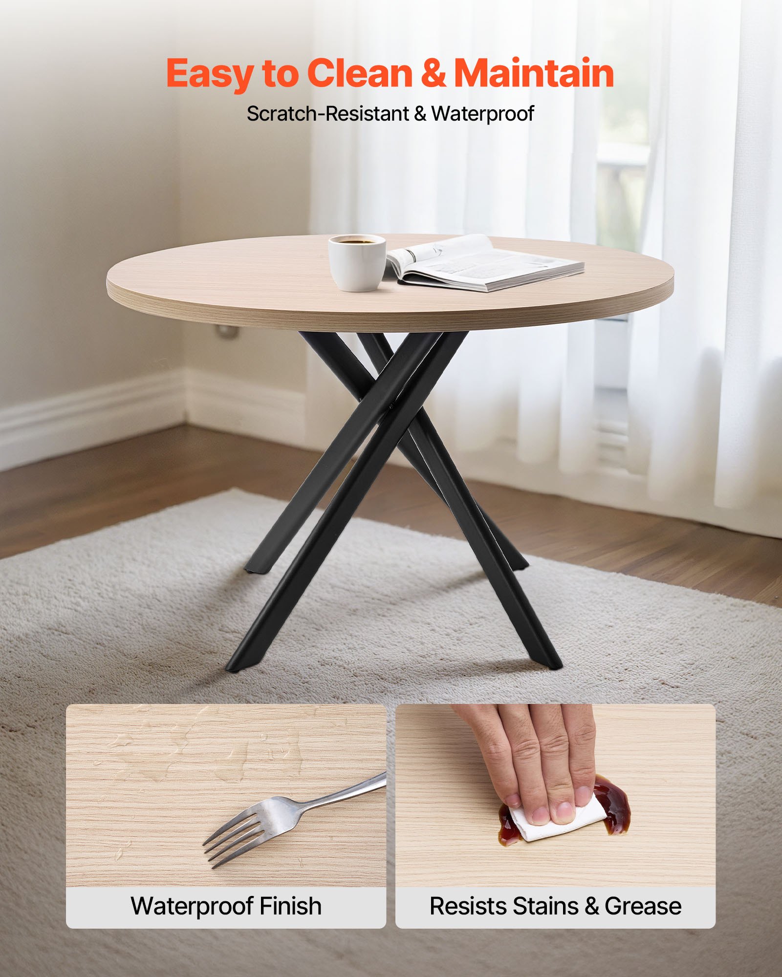 VEVOR 5-Piece Dining Table Set, Space-Saving Round Kitchen Table with 4 Upholstered Orange Chairs, PU Leather Cushions, Modern Wood-Tone Desk with Adjustable Foot Pads for Dining Room, Small Spaces