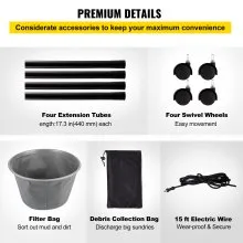 VEVOR Pond Vacuum Cleaner, 1400W Motor in Single Chamber Suction System, 120V Motor w/15 ft Electric Wire, 4 Brush Heads, 4 Extended Tubes, 1 Filter Bag for Multi-use Cleaning Above Ground