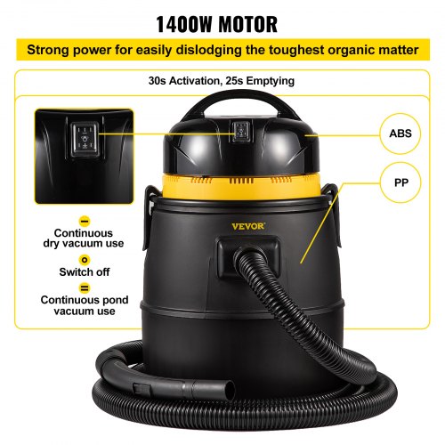 VEVOR Pond Vacuum Cleaner, 1400W Motor in Continuous Intermittent Cycle, 120V Motor w/15 ft Electric Wire, 4 Brush Heads, 4 Extended Tubes, 1 Filter Bag for Multi-use Cleaning Above Ground