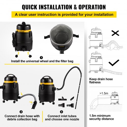 VEVOR Pond Vacuum Cleaner, 1400W Motor in Continuous Intermittent Cycle, 120V Motor w/15 ft Electric Wire, 4 Brush Heads, 4 Extended Tubes, 1 Filter Bag for Multi-use Cleaning Above Ground