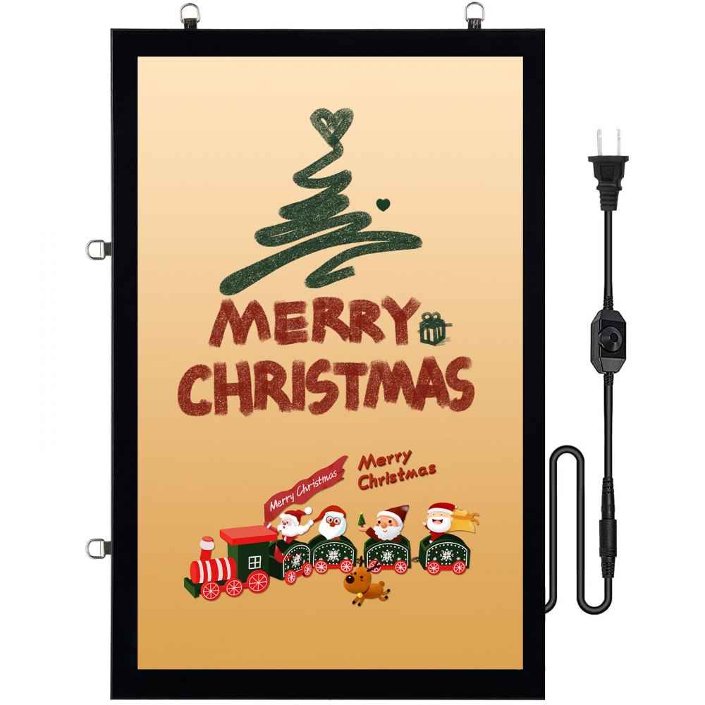 VEVOR led poster frame with merry christmas text, tree graphic, and holiday train illustration.