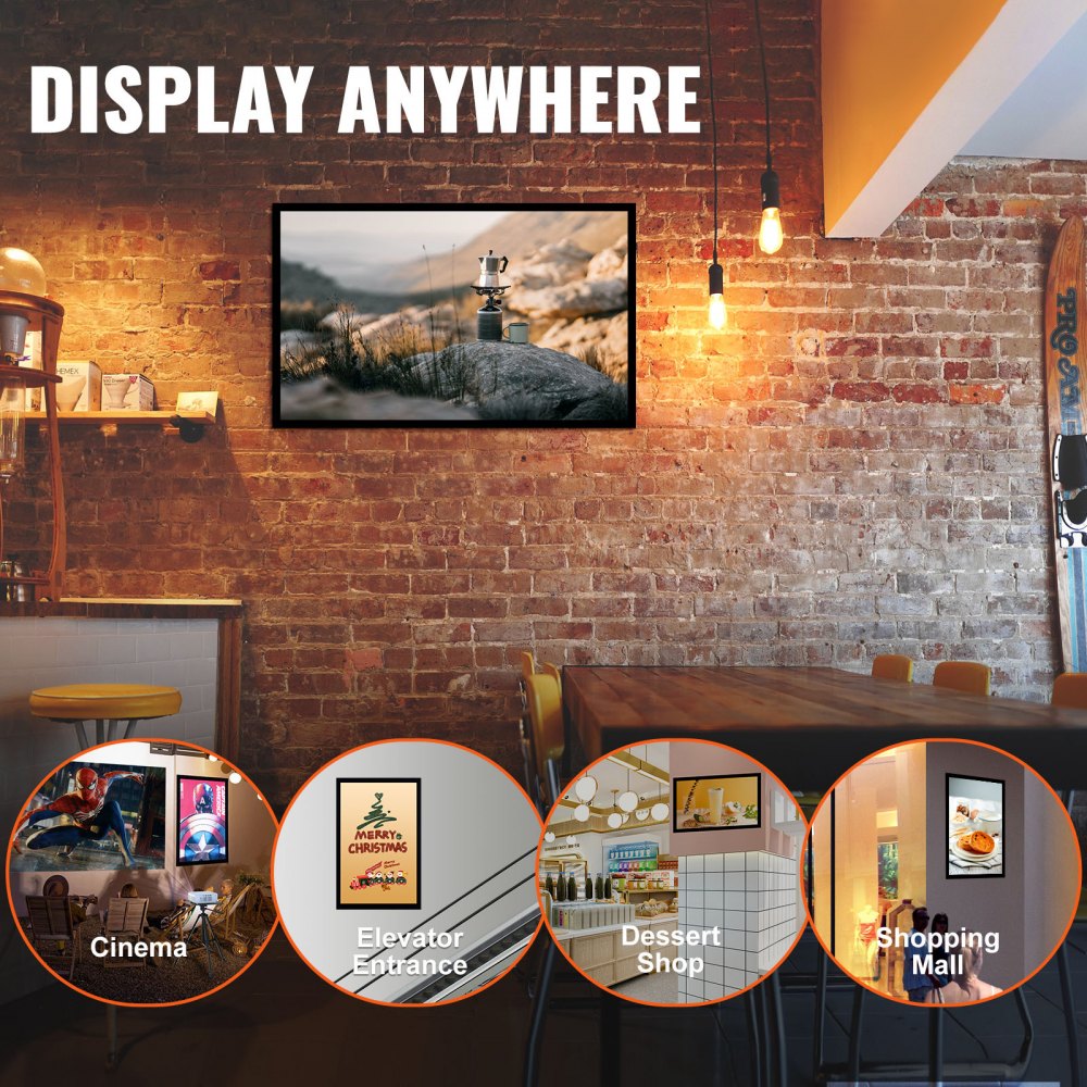 VEVOR LED Poster Frame in Black, 27" x 40" Picture Frame, Sidewalk Sign for Advertising Displays, Aluminum Picture Frame with LED Backlit Light Box, Horizontal and Vertical Formats for Wall, Single