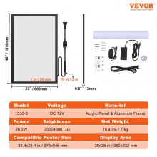 VEVOR LED Poster Frame in Black, 27" x 40" Photo Frame, Sidewalk Sign for Advertising Display, Picture Aluminum Frame with Backlighting LED Light Box, Horizontal & Vertical Formats for Wall, Single