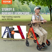 Chodítko VEVOR pro seniory a dospělé, lehké hliníkové skládací chodítko s nastavitelným sedadlem a rukojetí, chodítko pro venkovní mobilitu s 8" terénními koly, kapacita 300 LBS