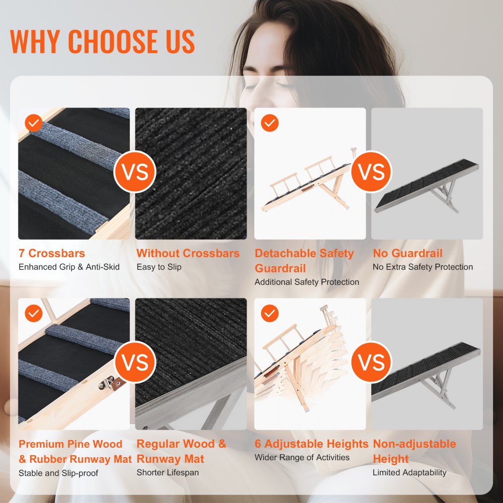 VEVOR Dog Ramp, Folding Pet Ramp for Bed, Adjustable Dog Ramp for Small, Large, Old Dogs & Cats, Wooden Pet Ramp with 120 cm Long Ramp, Adjustable from 35 cm to 70 cm, Suitable for Couch, Sofa, Car