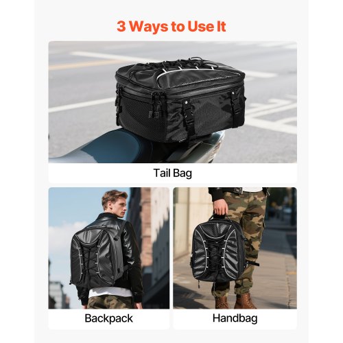 Expandable Motorcycle Tail Bag - Waterproof Hard Shell Convertible Backpack With Reflective Strips