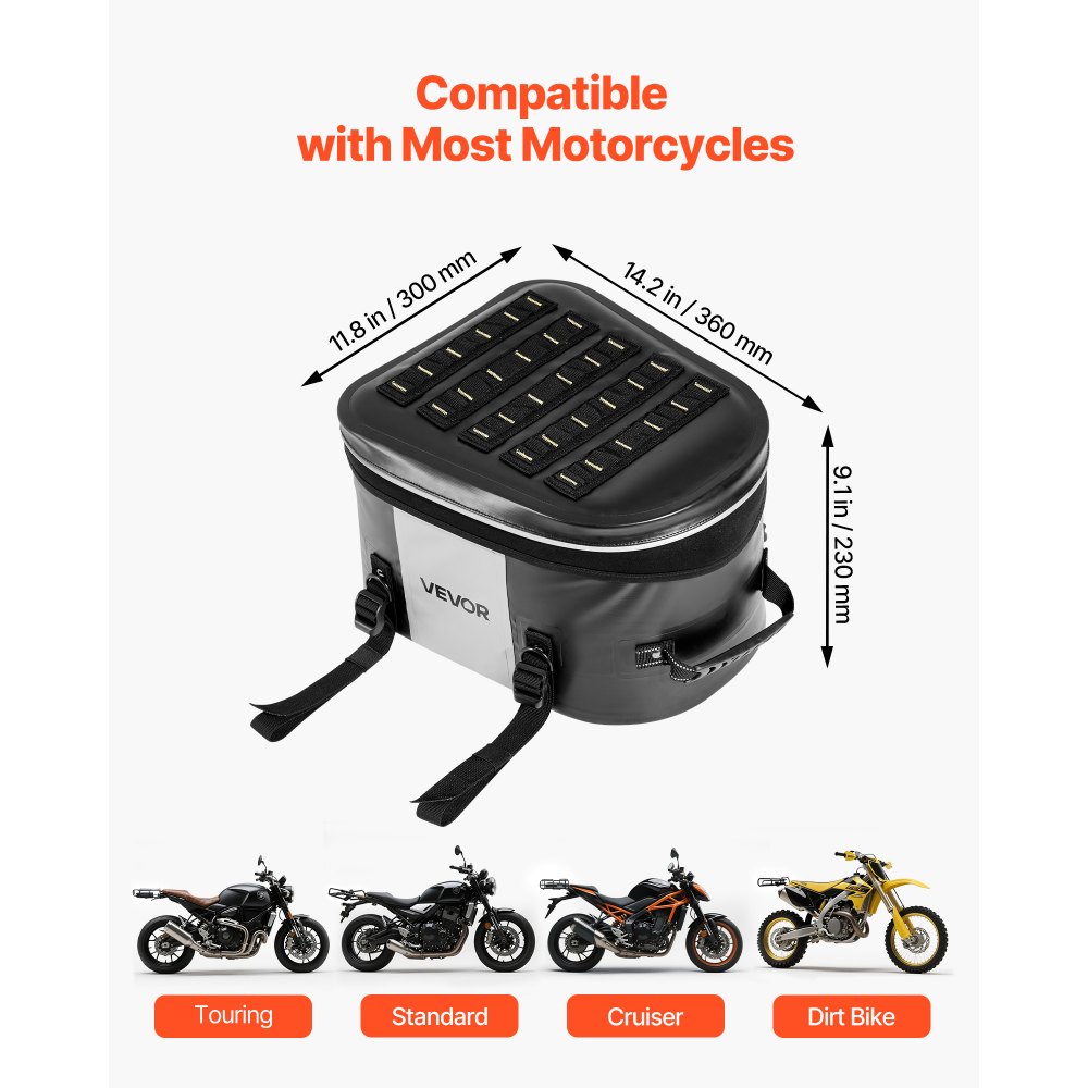VEVOR Motorcycle Tail Bag, 28 L Motorcycle Rear Seat Bag with Waterproof Fabric, Outdoor Sports Motorbike Luggage Storage Trunk Handbag with Pocket & Adjustable Buckle, Universal Fit Rear Racks, Black