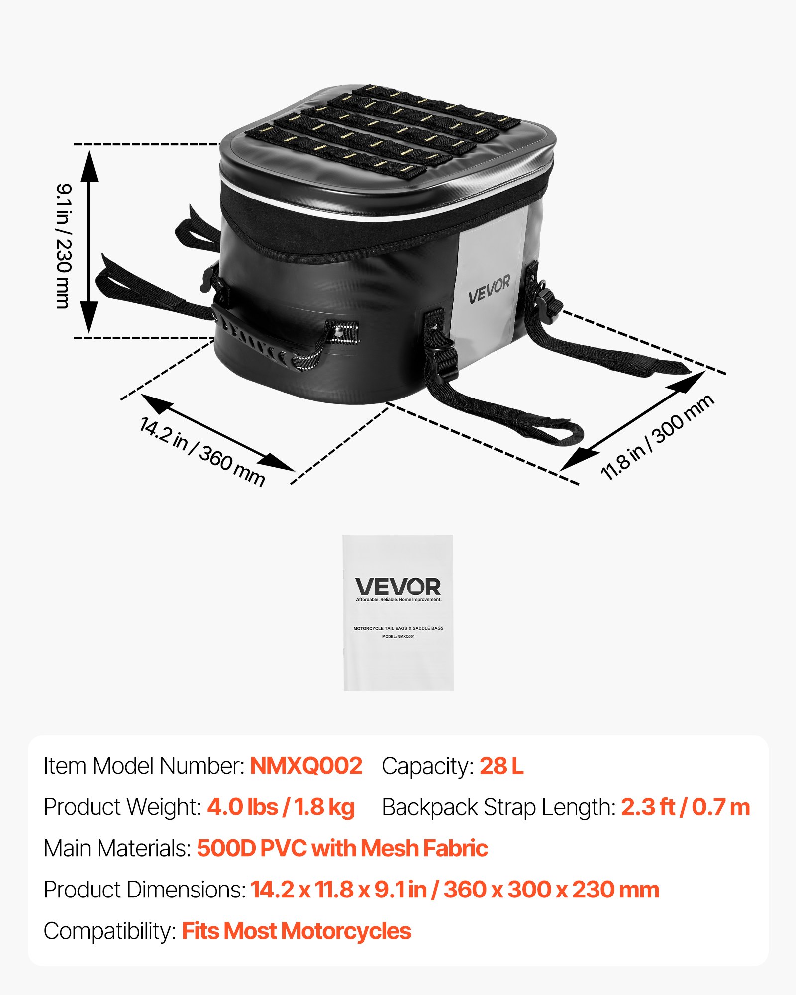 VEVOR Motorcycle Tail Bag, 28 L Motorcycle Rear Seat Bag with Waterproof Fabric, Outdoor Sports Motorbike Luggage Storage Trunk Handbag with Pocket & Adjustable Buckle, Universal Fit Rear Racks, Black