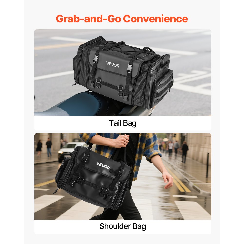 VEVOR Motorcycle Tail Bag, 40-60 L Expandable Motorcycle Rear Seat Bag with Waterproof Rain Cover, Foldable Outdoor Sports Motorbike Luggage Storage with Shoulder Straps, Pocket & Elastic Cord, Black