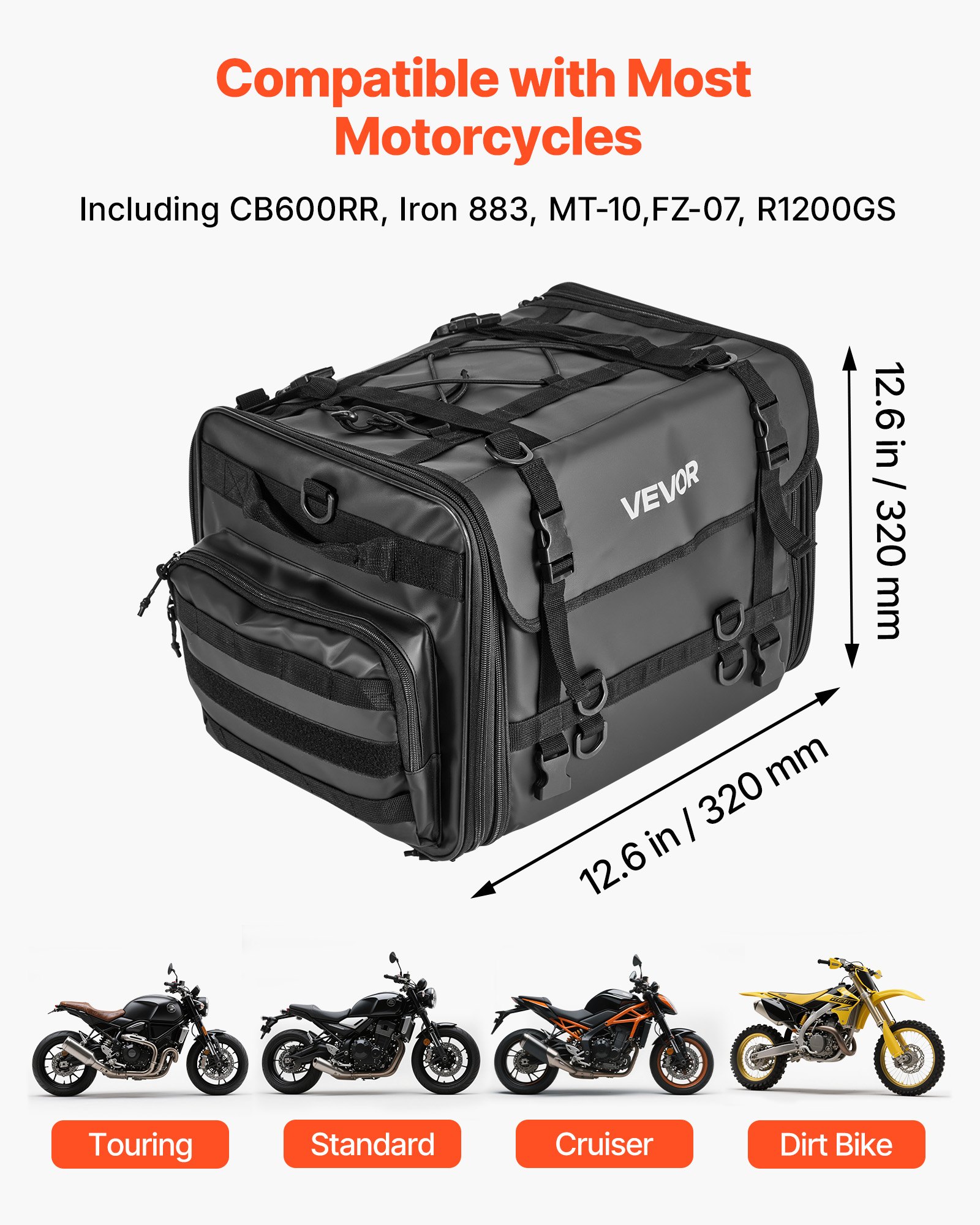 VEVOR Motorcycle Tail Bag, 40-60 L Expandable Motorcycle Rear Seat Bag with Waterproof Rain Cover, Foldable Outdoor Sports Motorbike Luggage Storage with Shoulder Straps, Pocket & Elastic Cord, Black