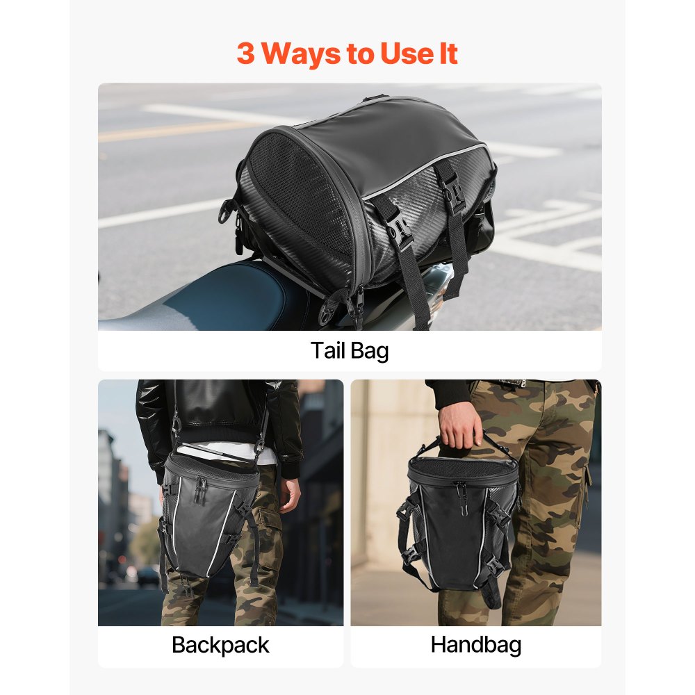 VEVOR Motorcycle Tail Bag, 10 L Motorcycle Rear Seat Bag with Waterproof Rain Cover, Outdoor Sports Motorbike Luggage Storage Trunk Rack Backpack Handbag with Shoulder Strap and Inner Pocket, Black