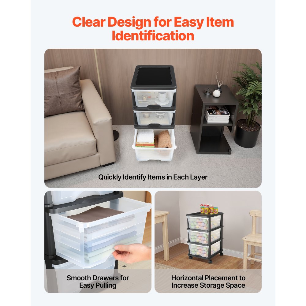 VEVOR Plastic Storage Drawers Cart, 3 Drawers Storage Organizer with Wheels, Rolling Closet Organization and Storage Dividers, Dresser Organizer Clear Bins for Office Supplies, Craft Rooms, Classrooms