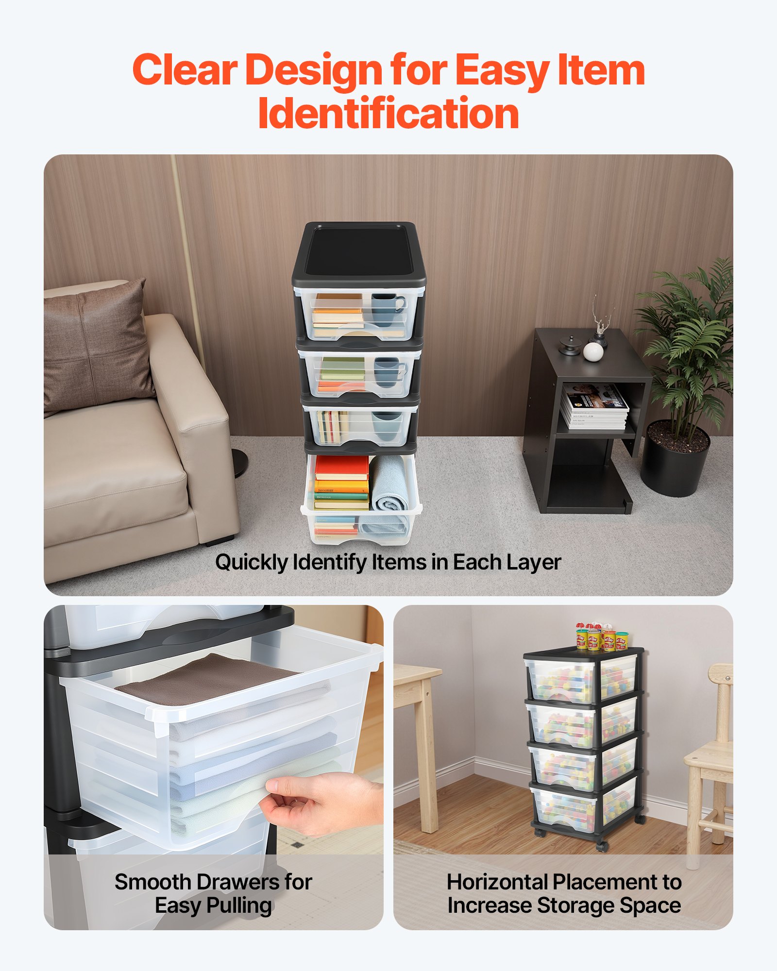 VEVOR Plastic Storage Drawers Cart, 4 Drawers Storage Organizer with Wheels, Rolling Closet Organization and Storage Dividers, Dresser Organizer Clear Bins for Office Supplies, Craft Rooms, Classrooms