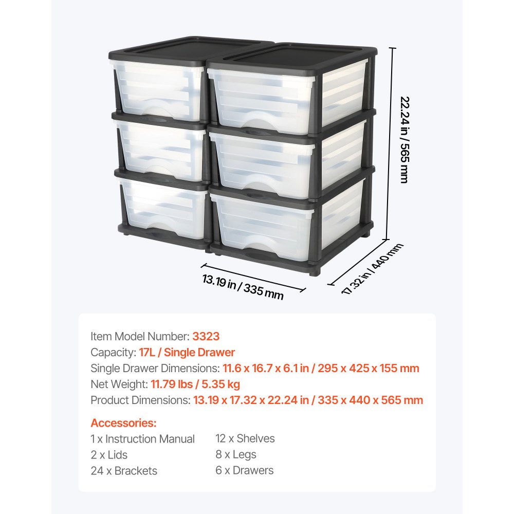 VEVOR Plastic Storage Drawers, 2 Pack Storage Organizer Drawer, 6 Drawers Closet Organization and Storage Dividers, Dresser Organizer Clear Bins for Office Supplies, Craft Rooms, Classrooms and Home