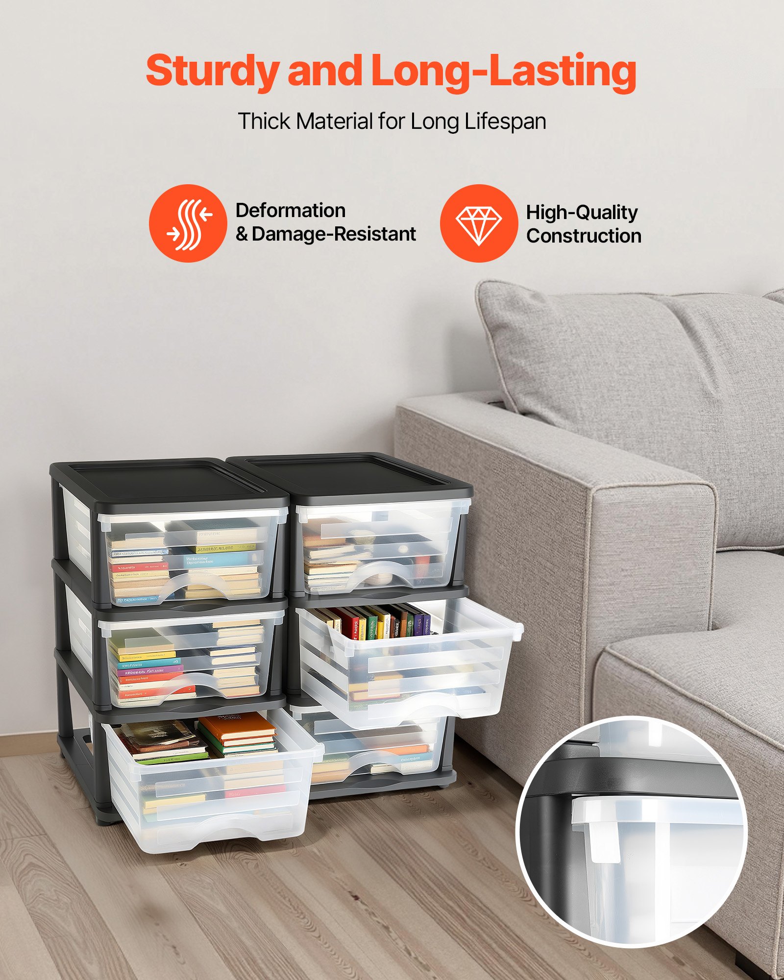 VEVOR Plastic Storage Drawers, 2 Pack Storage Organizer Drawer, 6 Drawers Closet Organization and Storage Dividers, Dresser Organizer Clear Bins for Office Supplies, Craft Rooms, Classrooms and Home