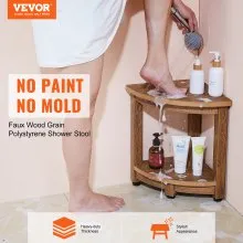 VEVOR Corner Shower Bench, 16.5" Height 12.8" Radius, Faux Wood Grain Polystyrene, 350 LBS with Storage Shelf, Water Resistant, Shower Stool for Inside & Outside Shower, for Bathroom, Living Room