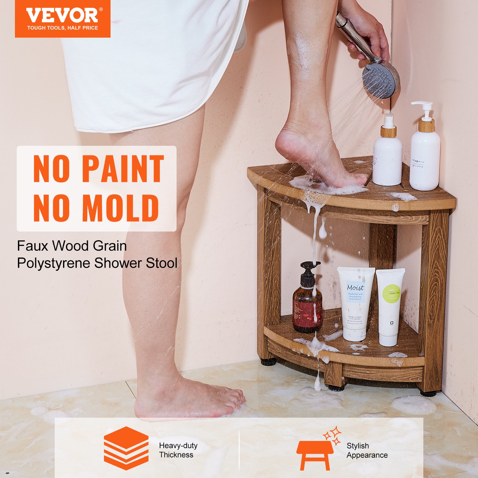 VEVOR Corner Shower Bench, 16.5" Height 12.8" Radius, Faux Wood Grain Polystyrene, 350 LBS with Storage Shelf, Water Resistant, Shower Stool for Inside & Outside Shower, for Bathroom, Living Room
