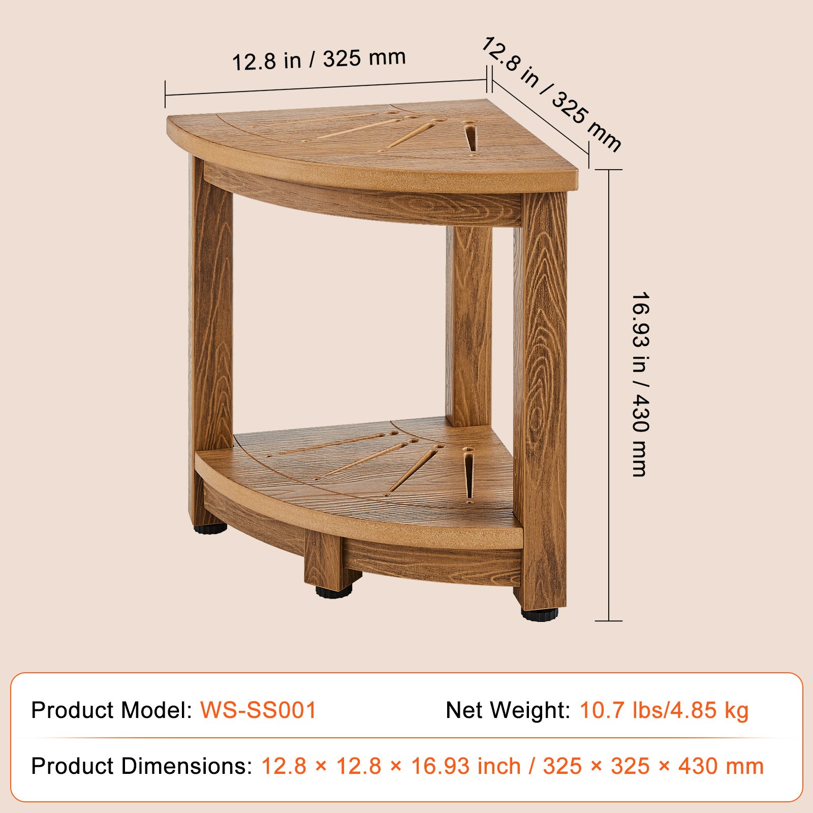 VEVOR Corner Shower Bench, 16.5" Height 12.8" Radius, Faux Wood Grain Polystyrene, 350 LBS with Storage Shelf, Water Resistant, Shower Stool for Inside & Outside Shower, for Bathroom, Living Room