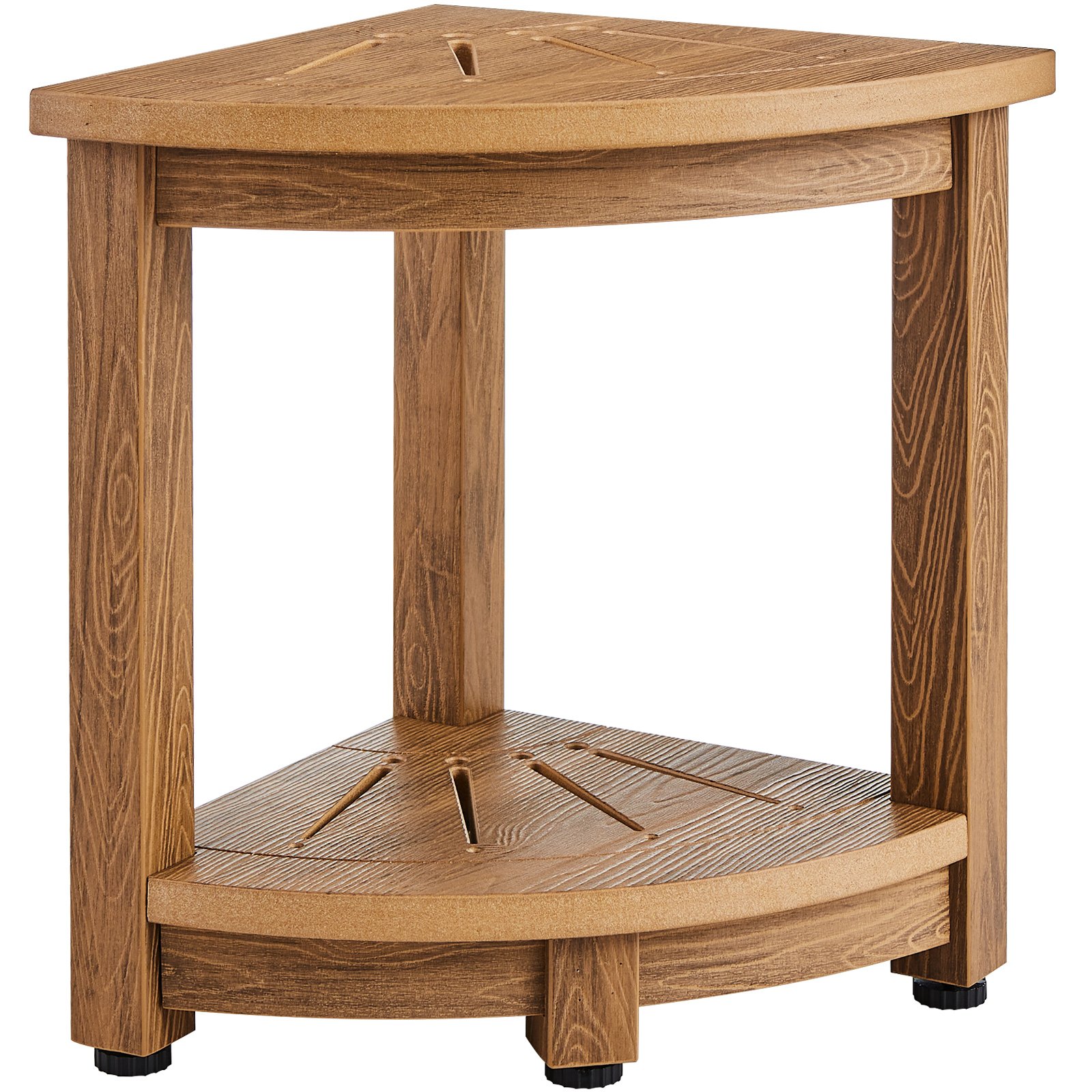 VEVOR Corner Shower Bench, 16.5" Height 12.8" Radius, Faux Wood Grain Polystyrene, 350 LBS with Storage Shelf, Water Resistant, Shower Stool for Inside & Outside Shower, for Bathroom, Living Room