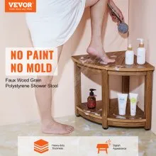 VEVOR Corner Shower Bench, 18.5" Height 17.75" Radius, Faux Wood Grain Polystyrene, 350 LBS with Storage Shelf, Water Resistant, Shower Stool for Inside & Outside Shower, for Bathroom, Living Room