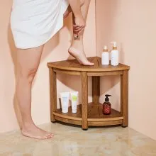 VEVOR Corner Shower Bench, 18.5" Height 17.75" Radius, Faux Wood Grain Polystyrene, 350 LBS with Storage Shelf, Water Resistant, Shower Stool for Inside & Outside Shower, for Bathroom, Living Room