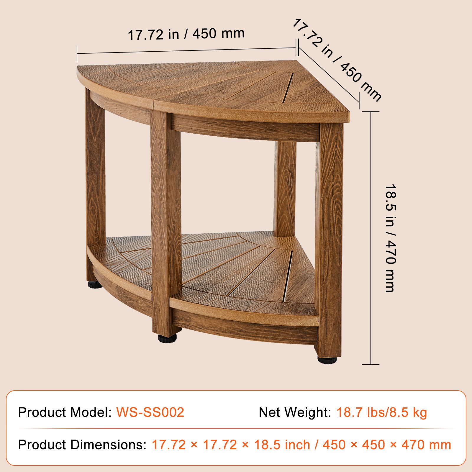 VEVOR Corner Shower Bench, 18.5" Height 17.75" Radius, Faux Wood Grain Polystyrene,159KGS with Storage Shelf, Water Resistant, Shower Stool for Inside & Outside Shower, for Bathroom, Living Room