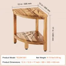 VEVOR Corner Teak Shower Bench, 17" Height 12" Radius, 100% Teak Wood Corner Shower Beach, 300 LBS with Storage Shelf, Shower Stool for Inside & Outside Shower, for Bathroom