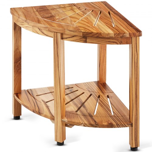 VEVOR Corner Teak Shower Bench, 18.5" Height 15.5" Radius, 100% Teak Wood Corner Shower Beach, 500 LBS with Storage Shelf, Shower Stool for Inside & Outside Shower, for Bathroom