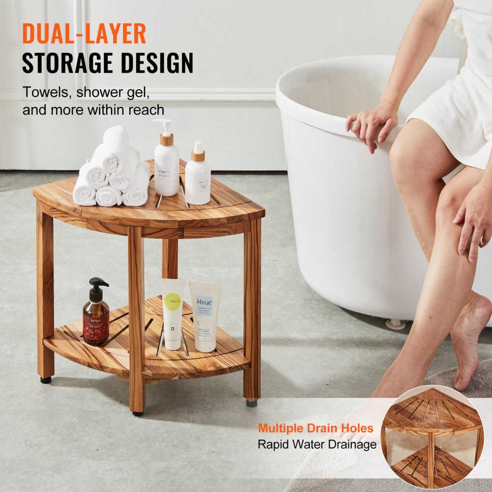 VEVOR Corner Teak Shower Bench, 18.5" Height 15.5" Radius, 100% Teak Wood Corner Shower Beach, Mold-resistant, 228KGS with Storage Shelf, Shower Stool for Inside & Outside Shower, for Bathroom