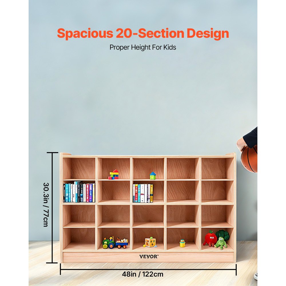 VEVOR Cubby Mobile Tray Storage Cabinet, 20-Compartment Cubby Storage Shelf, Cubby Storage Cabinet 4 x 5, Classroom Cubbies, Classroom Furniture for Home, Daycare and Preschool, Natural
