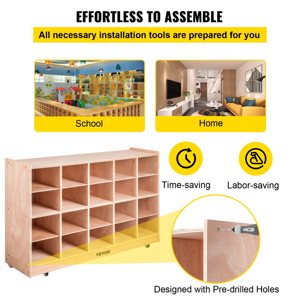 VEVOR Cubby Mobile Tray Storage Cabinet, 20-Compartment Cubby Storage Shelf, Cubby Storage Cabinet 4 x 5, Classroom Cubbies, Classroom Furniture for Home, Daycare and Preschool, Natural