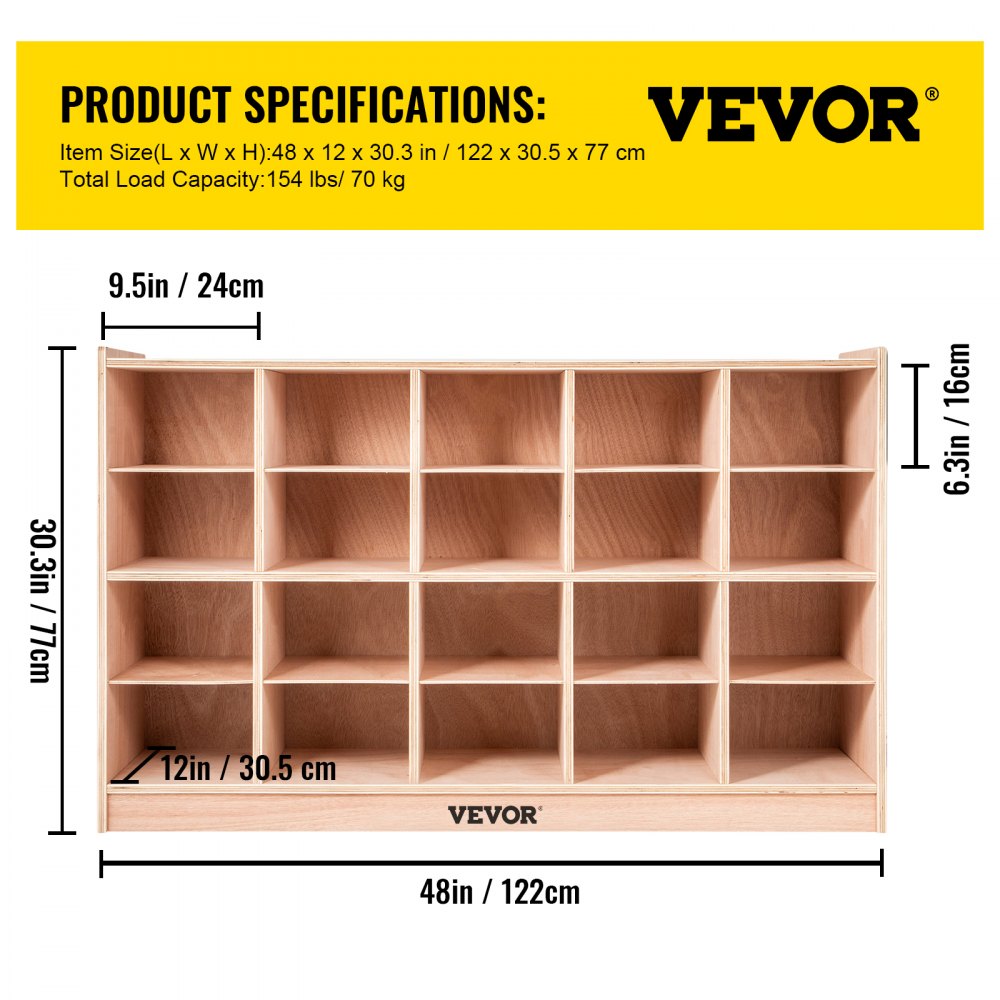 VEVOR Cubby Mobile Tray Storage Cabinet, 20-Compartment Cubby Storage Shelf, Cubby Storage Cabinet 4 x 5, Classroom Cubbies, Classroom Furniture for Home, Daycare and Preschool, Natural