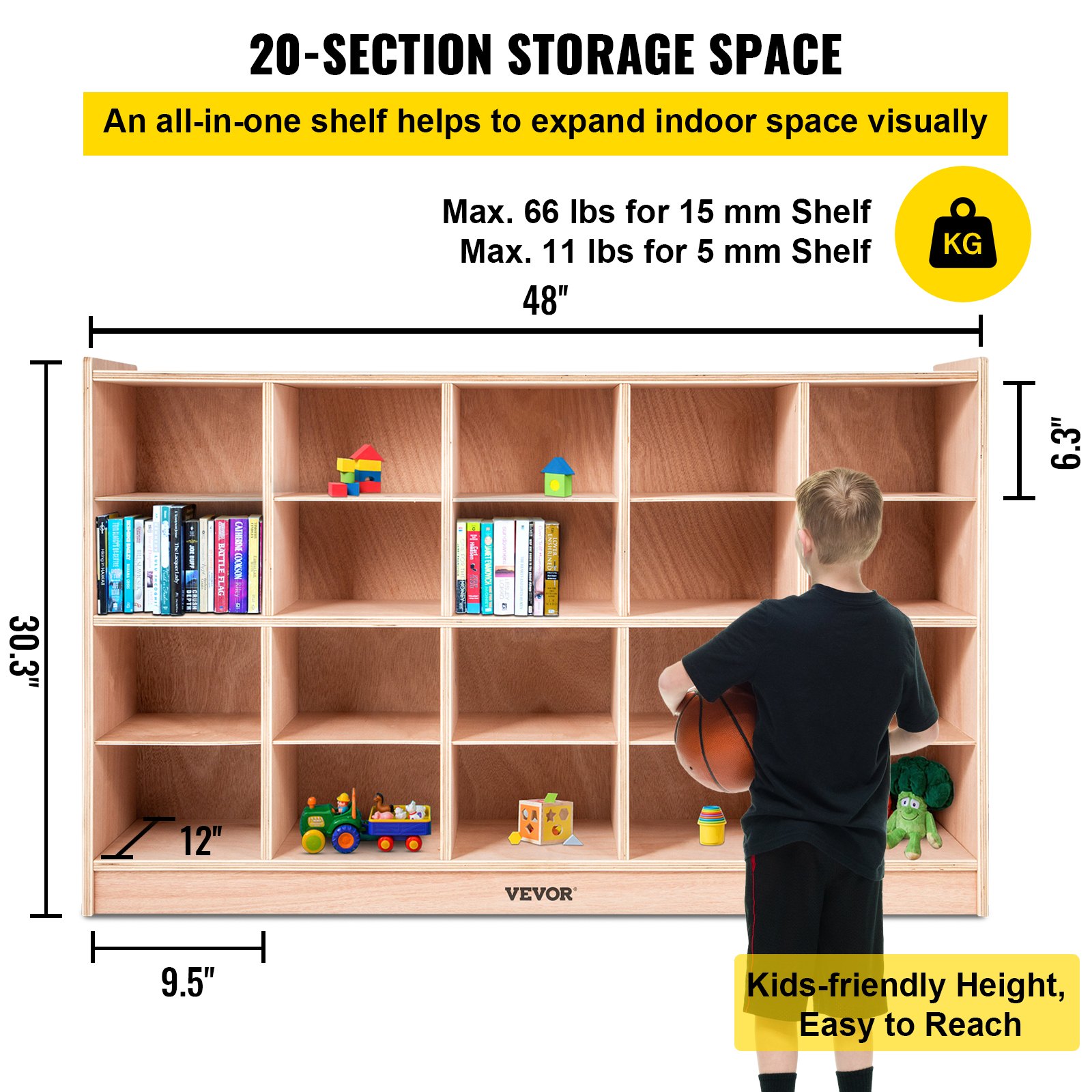 VEVOR Cubby Mobile Tray Storage Cabinet, 20-Compartment Cubby Storage Shelf, Cubby Storage Cabinet 4 x 5, Classroom Cubbies, Classroom Furniture for Home, Daycare and Preschool, Natural