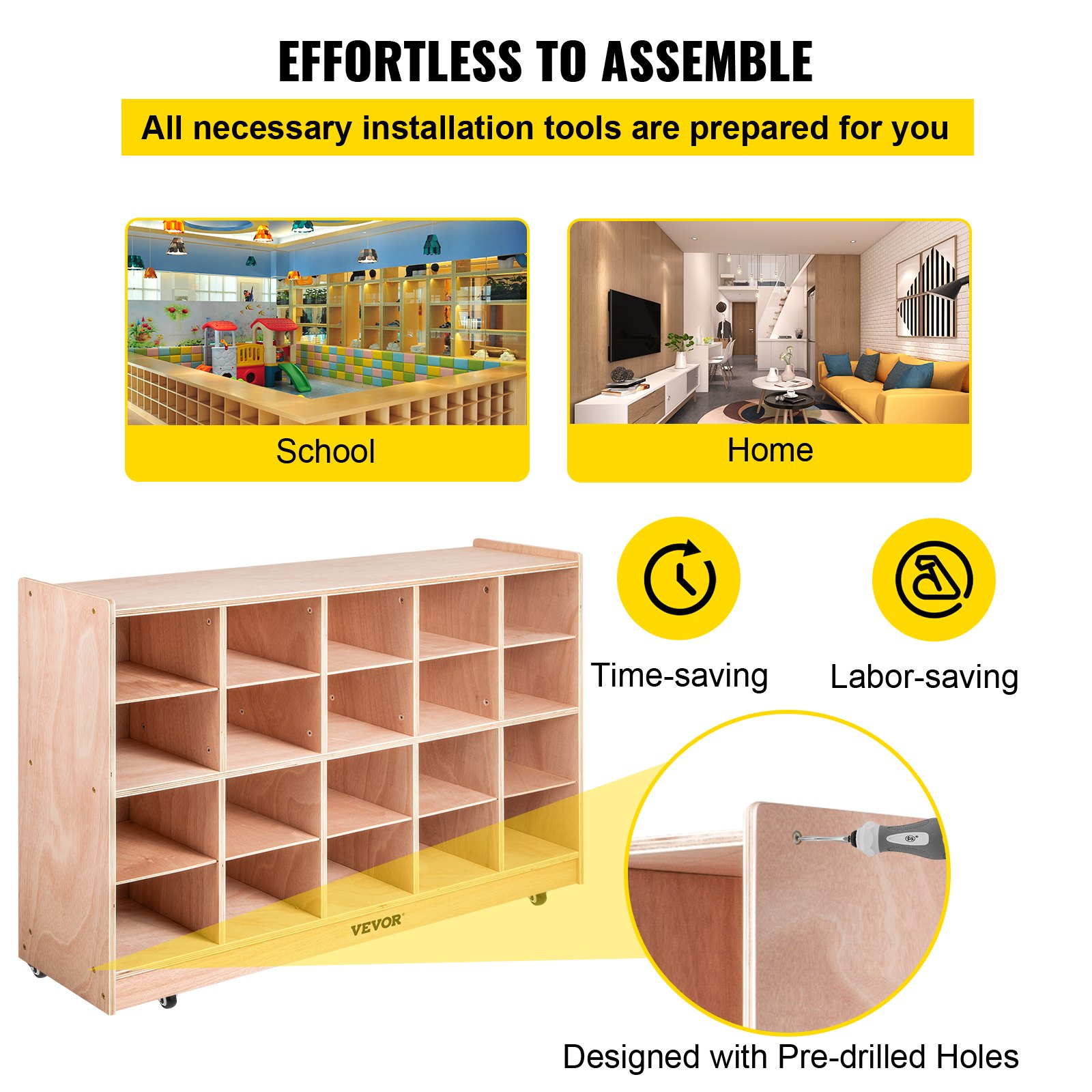 VEVOR Cubby Mobile Tray Storage Cabinet, 20-Compartment Cubby Storage Shelf, Cubby Storage Cabinet 4 x 5, Classroom Cubbies, Classroom Furniture for Home, Daycare and Preschool, Natural