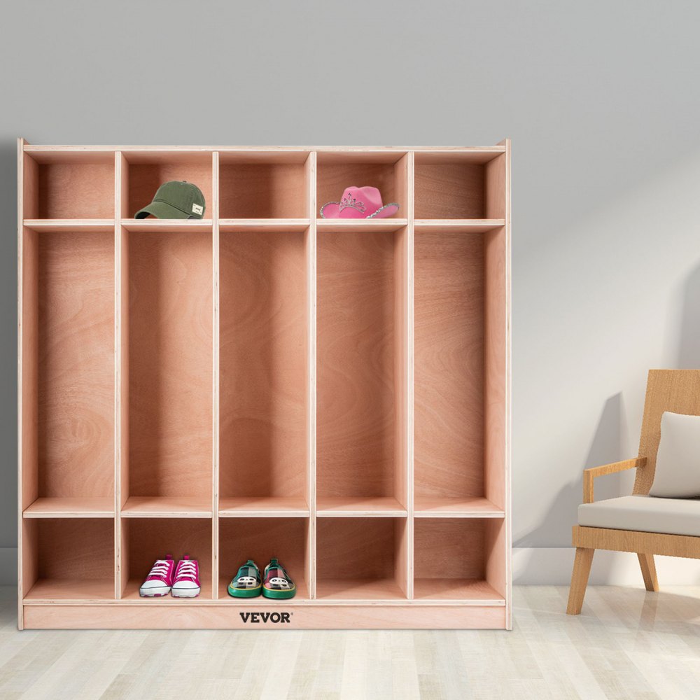 VEVOR Coat Locker, 5-Section Daycare Cubby Coat Rack, Classroom Coat Locker and Backpack Hanger, with 5 Hooks and Storage Boxes, for Kindergarten & School, Natural