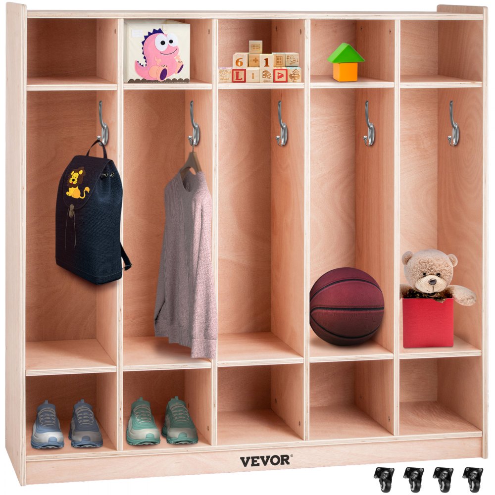 VEVOR preschool cubby lockers with shelves, hooks, and compartments for toys and clothing.